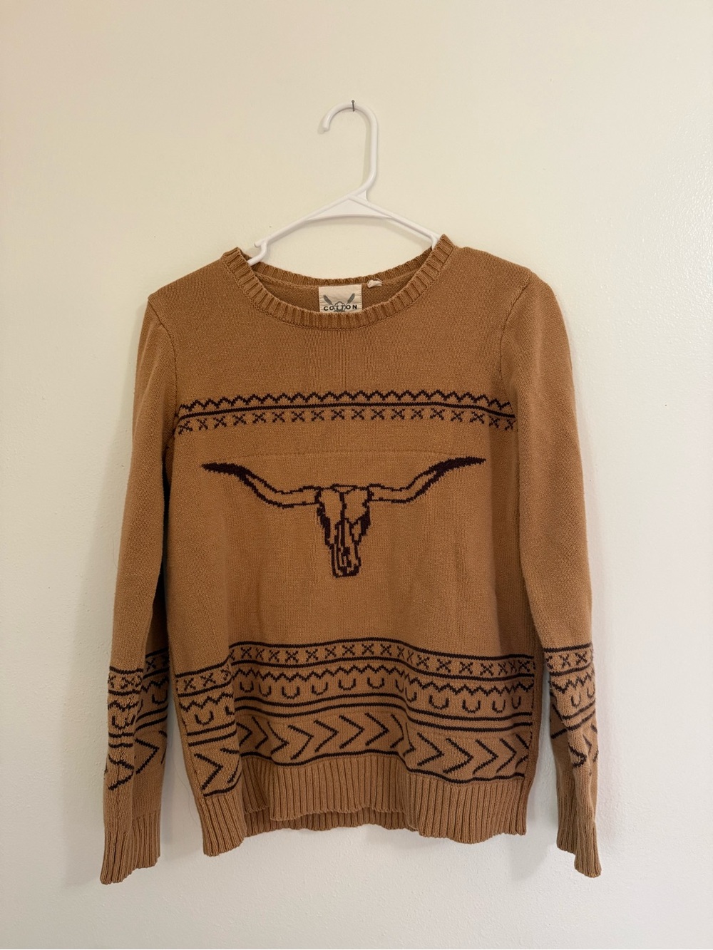 Rye Tan Crewneck Sweater with Western Longhorn Motif